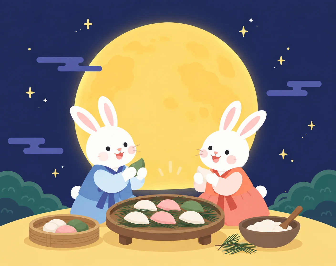 한복 입은 토끼 두 마리가 달빛 아래에서 알록달록한 송편을 함께 빚는 모습